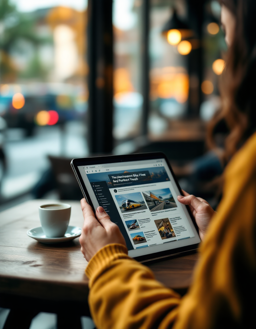 Une personne assise dans un café qui regarde sa tablette sur laquelle on peut voir des trajets de bus.